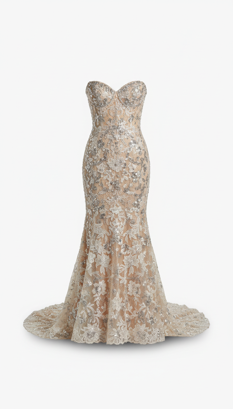 Robe sirène en dentelle perlée à la main