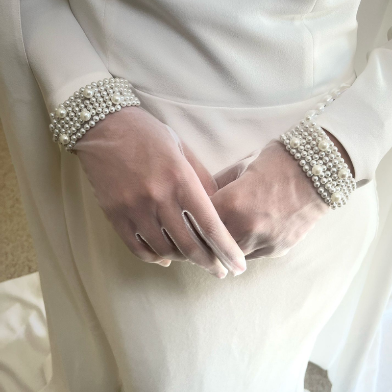 Gants Mariée en Tulle Transparent avec Ornements Perles